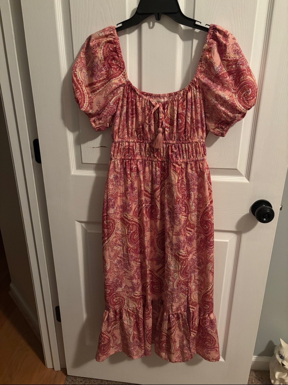 Pink Paisley Puff-Sleeve Midi Dress with Smocked Waist